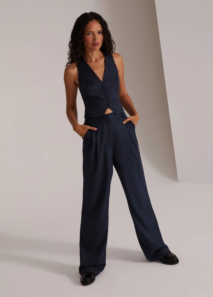 A two piece suit with navy blue pinstripe pants and a vest. A great wedding officiant outfit option.