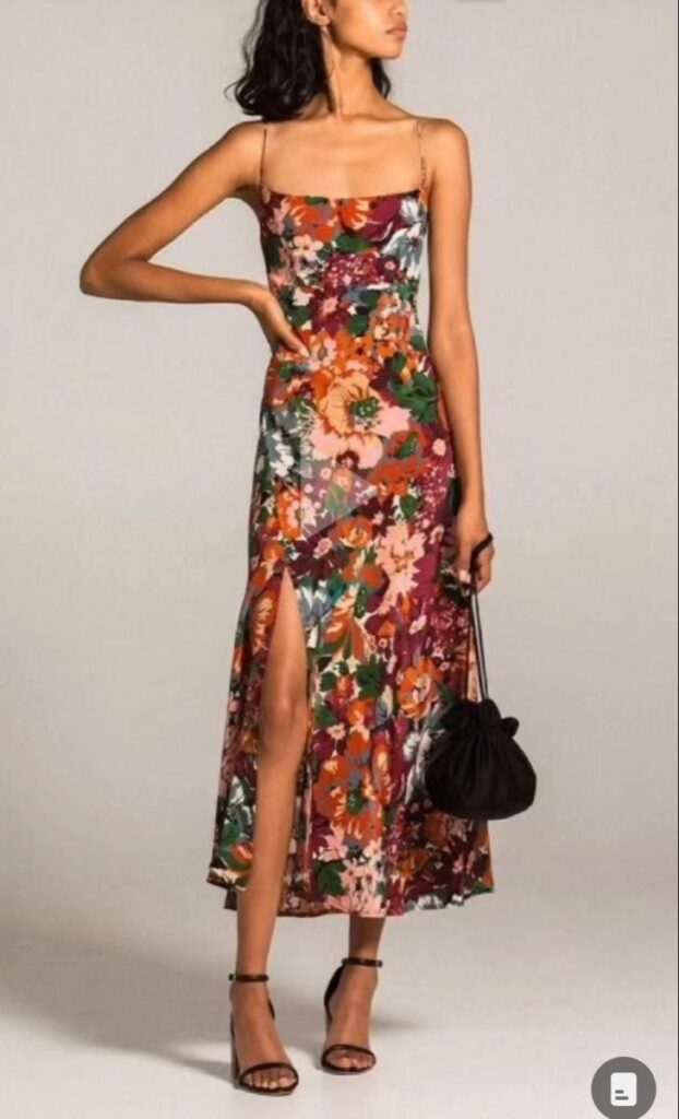 This is a floral, strappy dress. It is being used as an example of e beautiful wedding guest dress, but it not an example of a good wedding officiant outfit.